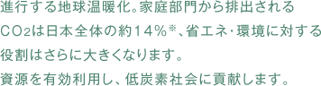 進行する地球温暖化。家庭部門から排出されるCO2は日本全体の約14%※、省エネ・環境に対する役割はさらに大きくなります。 資源を有効利用し、低炭素社会に貢献します。