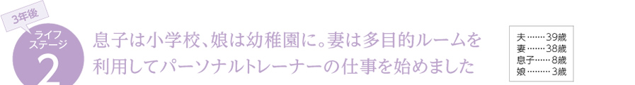 3年後 ライフステージ2 息子は小学校、娘は幼稚園に。妻は多目的ルームを利用してパーソナルトレーナーの仕事を始めました