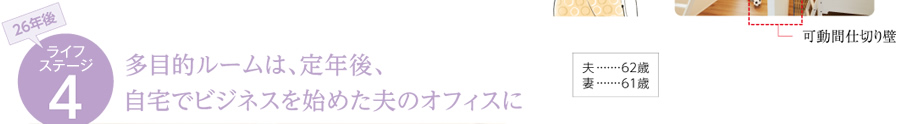 26年後　ライフステージ4 多目的ルームは、定年後、自宅でビジネスを始めた夫のオフィスに
