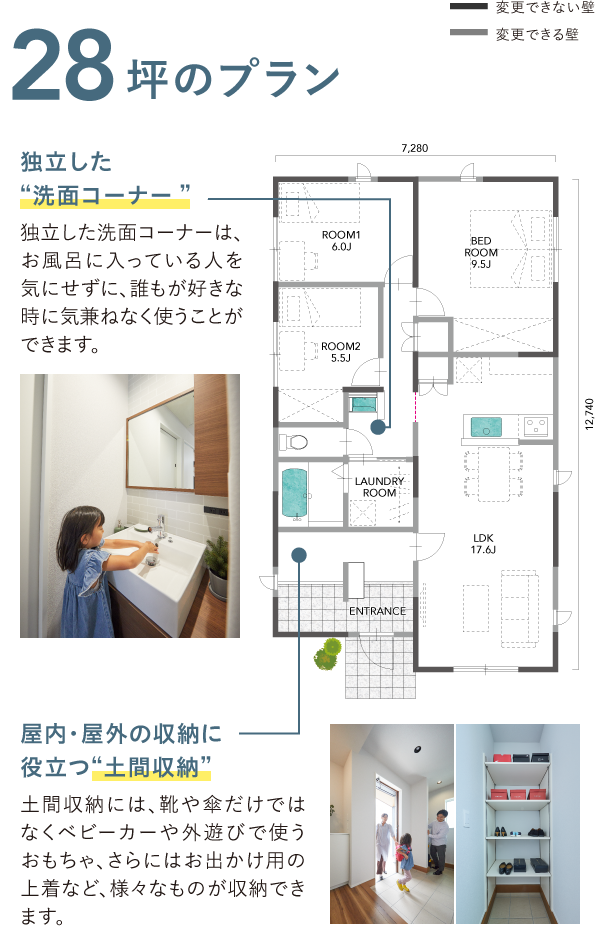 ベースプラン 30 坪のプラン 家族の気配を感じる“一体型のLDK” 対面キッチンを採用しています。キッチンに立ち、料理をしながら、ダイニングやリビングにいる家族の様子をうかがえます。 屋内・屋外の収納に 役立つ“土間収納” 家族みんなが使える  “フリースペース” 土間収納には、靴や傘だけではなくベビーカーや外遊びで使うおもちゃ、さらにはお出かけ用の上着など、様々なものが収納できます。 家族が共用で使えるフリースペースは、室内干しスペースや子どもたちのスタディコーナーなど、暮らしを豊かにする便利なスペースです。