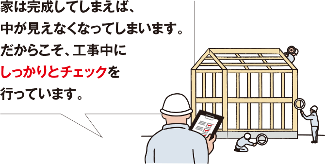 家は完成してしまえば、中が見えなくなってしまいます。だからこそ、工事前、工事中にしっかりとチェックを行っています。