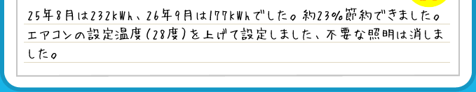 25年8月は232KWh、26年9月は177KWhでした。約23％節約できました。エアコンの設定温度（28度）を上げて設定しました、不要な照明は消しました。