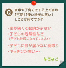 家事や子育てをする上で家の「不便」「使い勝手の悪い」ところはなんですか？