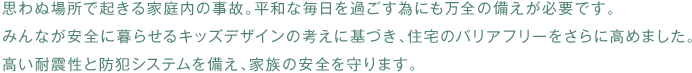 思わぬ場所で起きる家庭内の事故。平和な毎日を過ごす為にも万全の備えが必要です。みんなが安全に暮らせるキッズデザインの考えに基づき、住宅のバリアフリーをさらに高めました。高い耐震性と防犯システムを備え、家族の安全を守ります。