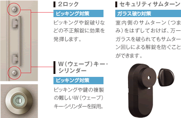 2ロック［ピッキング対策］、W（ウェーブ）キー・シリンダー［ピッキング対策］、セキュリティサムターン［ガラス破り対策］