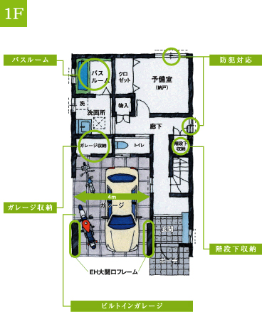都市型3階建て木の家プラン1F