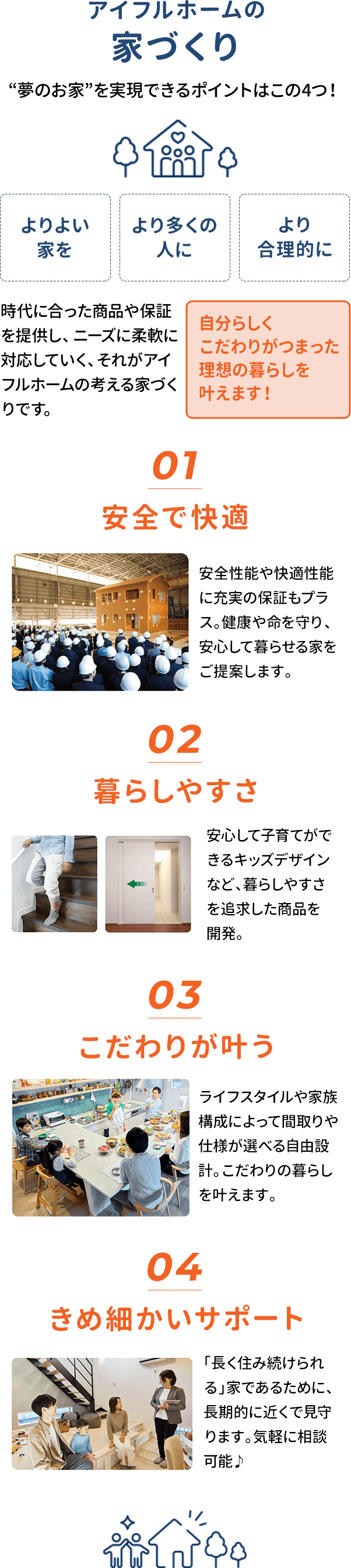 アイフルホームの家づくり“夢のお家”を実現できるポイントはこの4つ！「よりよい家を」「より多くの人に」「より合理的に」時代に合った商品や保証
を提供し、ニーズに柔軟に
対応していく、それがアイフルホームの考える家づくりです。
「自分らしく
こだわりがつまった
理想の暮らしを
叶えます！」<br>
01/安全で快適　安全性能や快適性能に充実の保証もプラス。健康や命を守り、安心して暮らせる家をご提案します。
02/暮らしやすさ　安心して子育てができるキッズデザインなど、暮らしやすさを追求した商品を開発。
03/こだわりが叶う　ライフスタイルや家族構成によって間取りや仕様が選べる自由設計。こだわりの暮らしを叶えます。
04/きめ細かいサポート　「長く住み続けられる」家であるために、長期的に近くで見守ります。気軽に相談可能♪