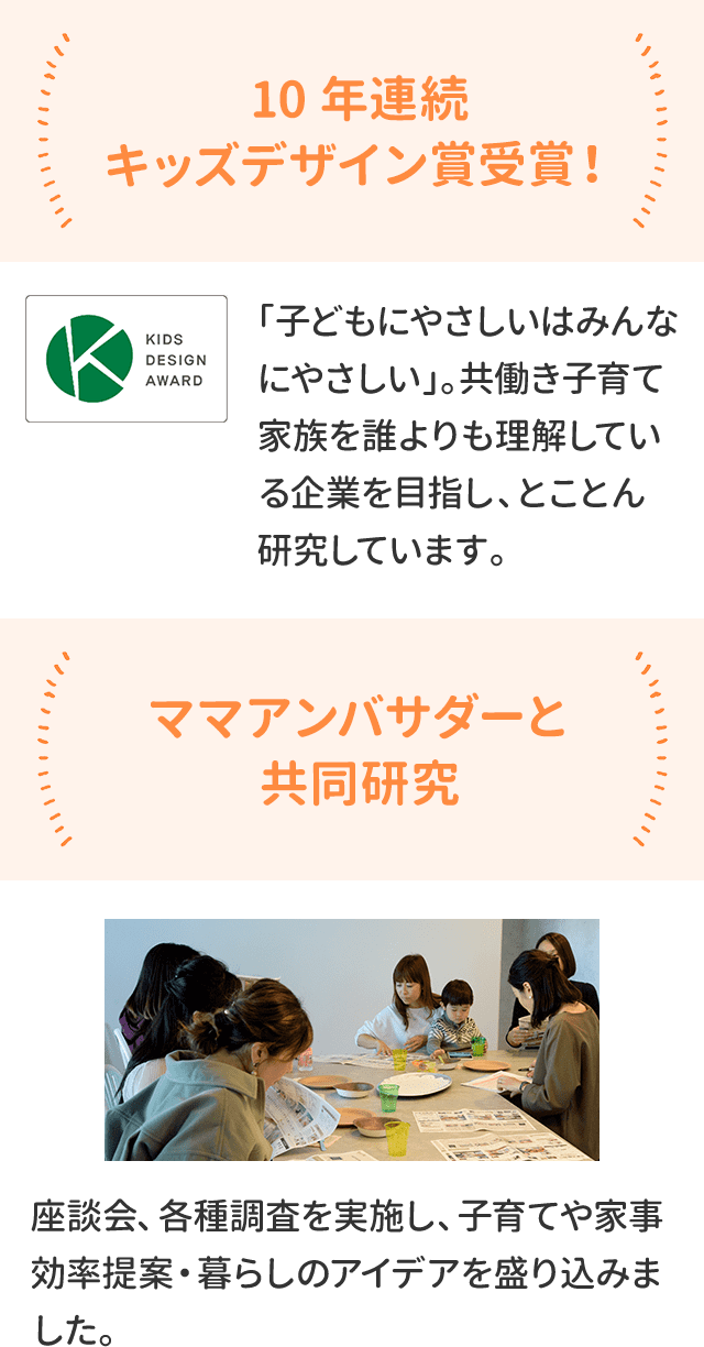 10年連続
キッズデザイン賞受賞！　「子どもにやさしいはみんなにやさしい」。共働き子育て家族を誰よりも理解している企業を目指し、とことん研究しています。
ママアンバサダーと
共同研究
座談会、各種調査を実施し、子育てや家事効率提案・暮らしのアイデアを盛り込みました。										   
