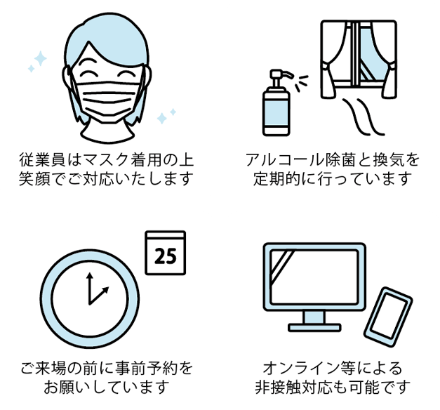 従業員はマスク着用の上笑顔で対応いたします